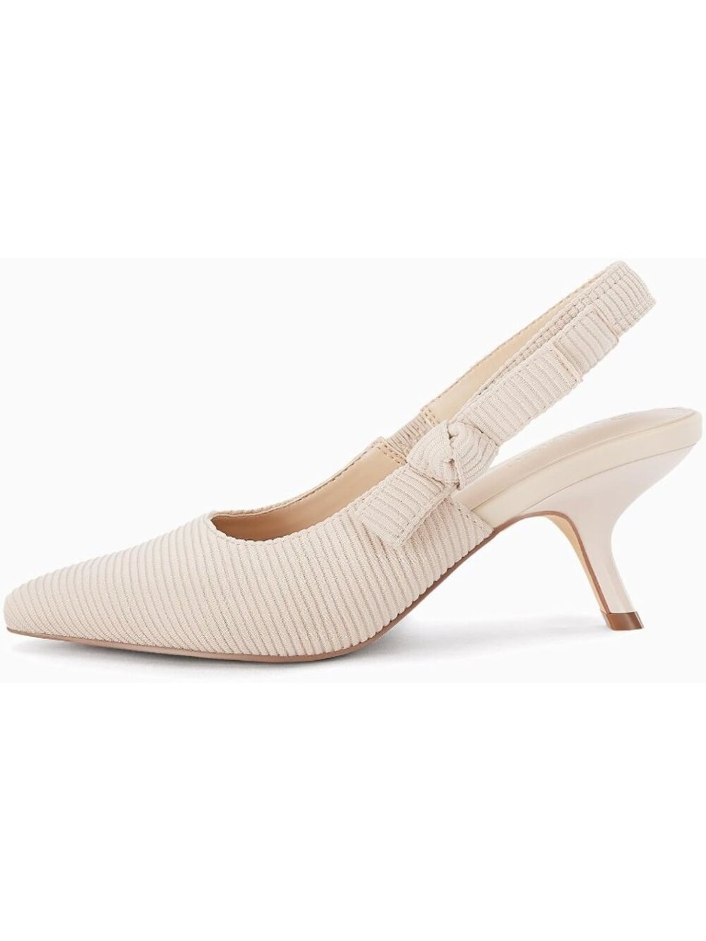 Women's Beige Closed Pointed Toe Stylish Bowknot Knitted Slip On Dress Pumps - Picture 4 of 5